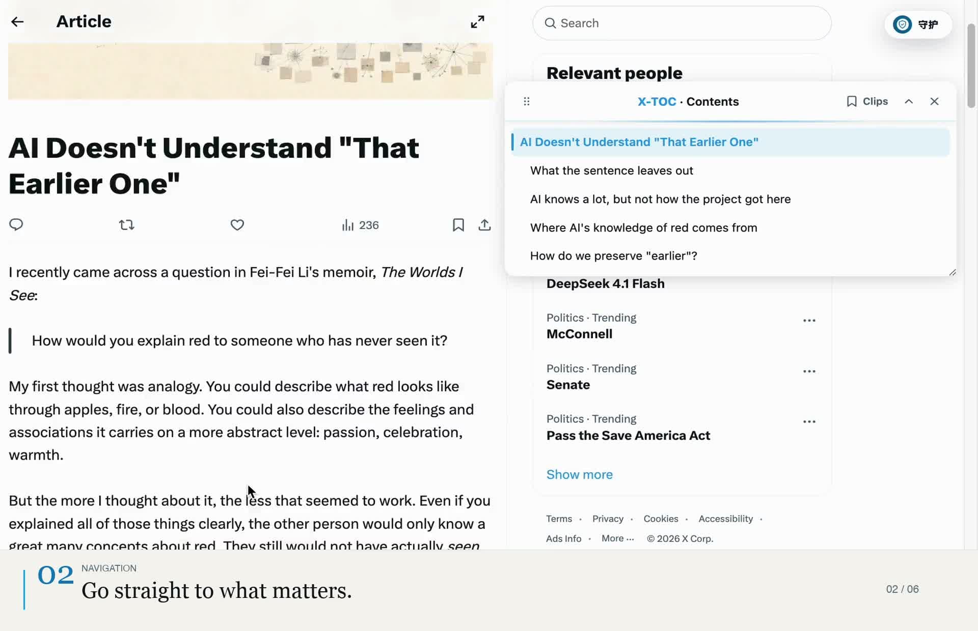 An X article with the XTOC contents panel open